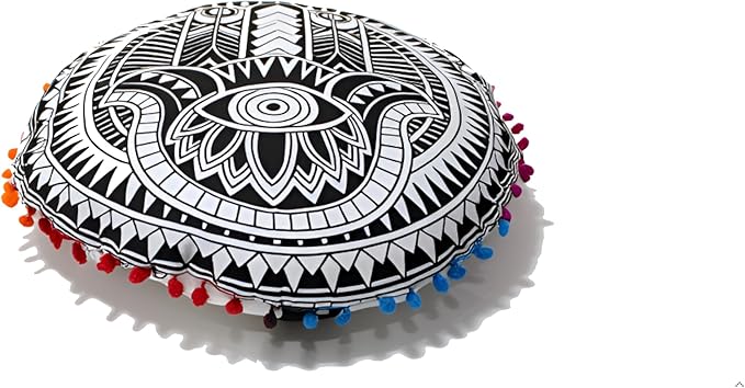 CRAFT KALA 32" Large Round Bohemian Floor Pillow Pouf Cover Mandala Meditation Room Pillow Cover for Adults Boho Seating Poufs Cushion Cover for Kids Playroom Black Hamsa Hand