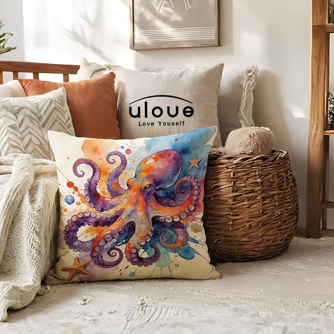 Marine Life Throw Pillow Case Turtle Octopus Seahorse Whale Decorative Pillowcases Coastal Ocean Cushion Covers 18 X 18 Inch,4Pack Nautical Pillow Covers for Summer Beach House Decor(Purple/Blue)
