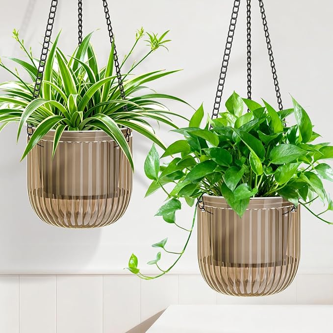 Halatool 2 Pack Self Watering Hanging Planters for Indoor Plants- 6.5 Inch Outdoor Hanging Flower Pots with 2 Metal Chains for Garden Home Wall Decor (Starry Gray)