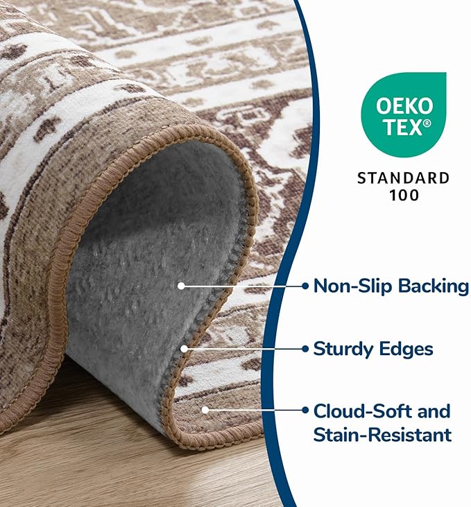Lessymo 9 x 12 Area Rugs for Living Room, Machine Washable Area Rugs Boho Faux Wool Low Pile Area Rug for Bedroom, Floral Medallion Vintage Rugs with Non-Slip Rubber, Kid & Pet Friendly, Brown White