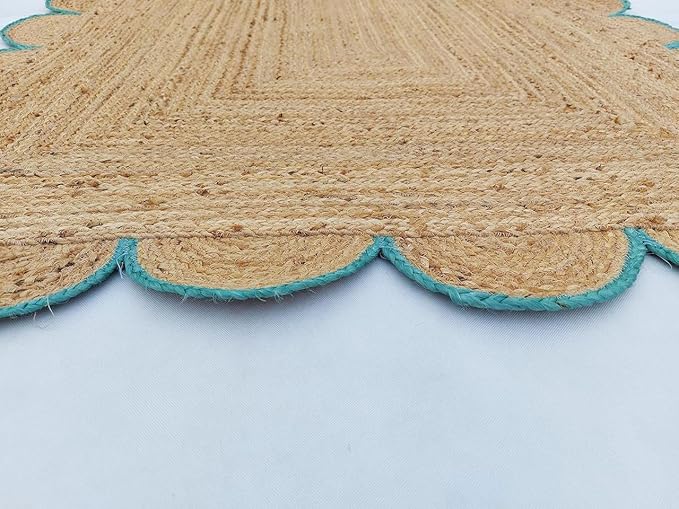 Weaving Cottage Scalloped Natural Jute Area Rug | Beige & Sky Blue, 2X3 FT Handwoven Jute Doormat | Eco-Friendly, Durable, and Stylish | Perfect for Living Room, Bedroom, and Entryway