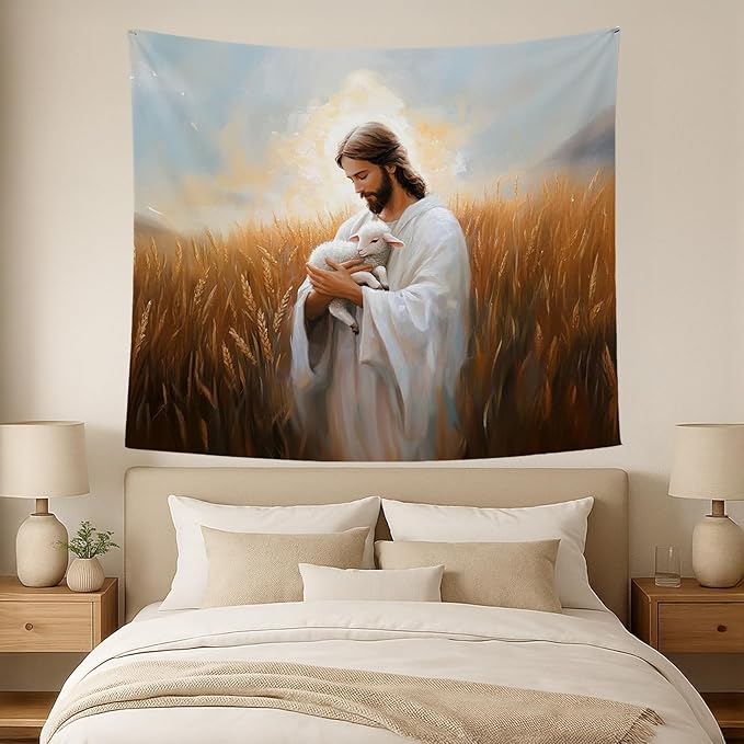 bitCNY Jesus Holding Lamb Tapestry – The Good Shepherd Christian Wall Decor, Religious Art for Faithful Homes, 50x60 Inch Soft Fabric