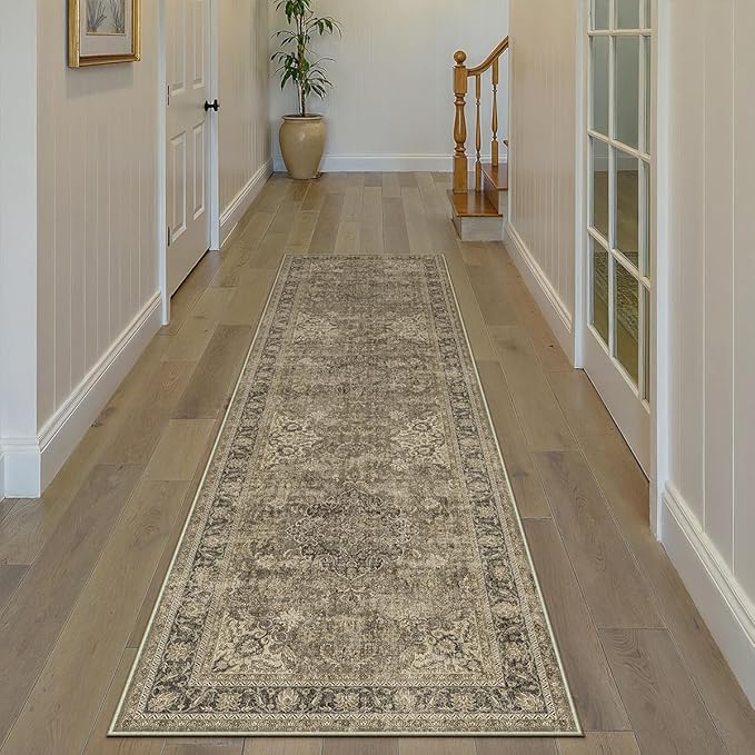 2x8 Washable Brown Runner Rug Vintage Hallway Kitchen Carpet Non-Slip Soft Low Pile Distressed Throw Rug for Bedroom Bathroom Laundry Living Room