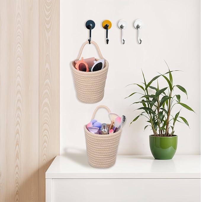 4 Pack Hanging Woven Basket, Small Hanging Basket for Wall, Boho Style Cotton Rope Storage Organizer, Woven Wall Baskets for Home Decor (Beige, 5.5" x 5.5")