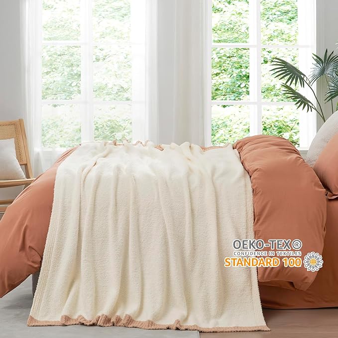 Snuggle Sac Cream Throw Blanket for Couch Bed Sofa 60x80 inches, Reversible Cream Blanket Microfiber Fluffy Fuzzy Cozy Knit Twin Blanket for Women Mothers Birthday Gifts