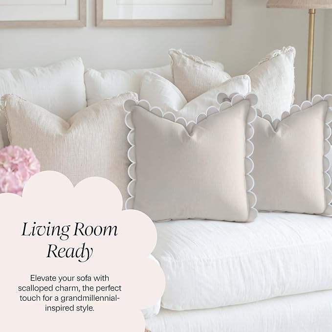 BEBE BASK Scalloped Pillow Cover - Set of 2 - 18 x 18 Inch - Scallop Pillow Cover Natural/White/Beige - 100% Cotton - Grandmillennial Style