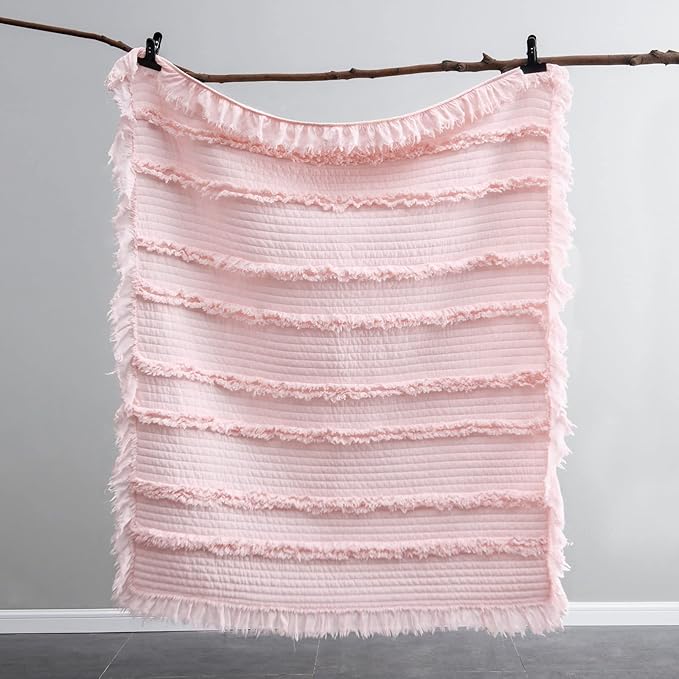 Ultra Soft Pre-Washed Quilted Boho Pink King Size Blankets for Bed, Ruffle Fringed Decorative Throw, Stone Washed Chic Rustic Blanket for Sofa Couch Bed, 104"*90"