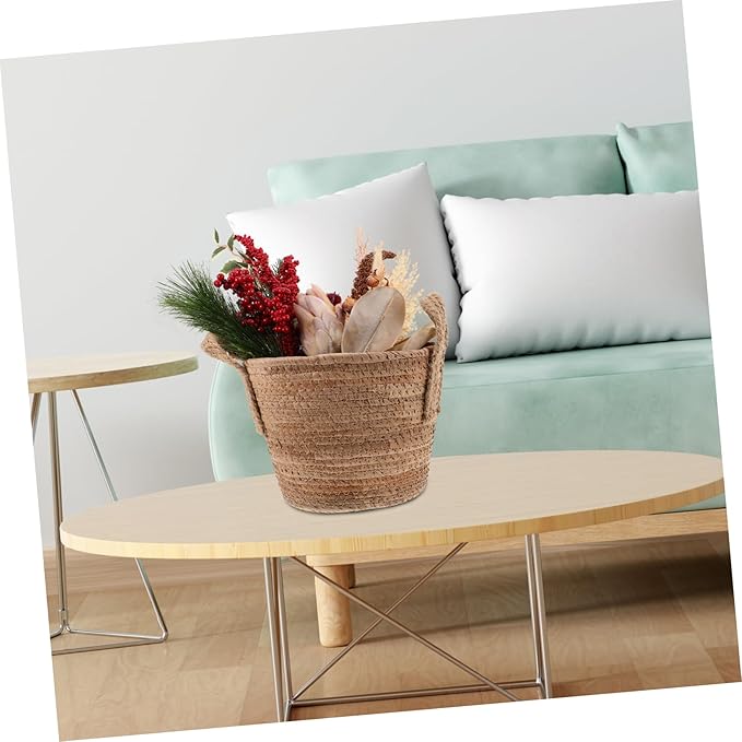 1Pcs Woven Seagrass Plant Basket with Handles Natural Round Storage Basket for Indoor Plants Versatile Home Decor Rattan Flower Pot Nordic Design