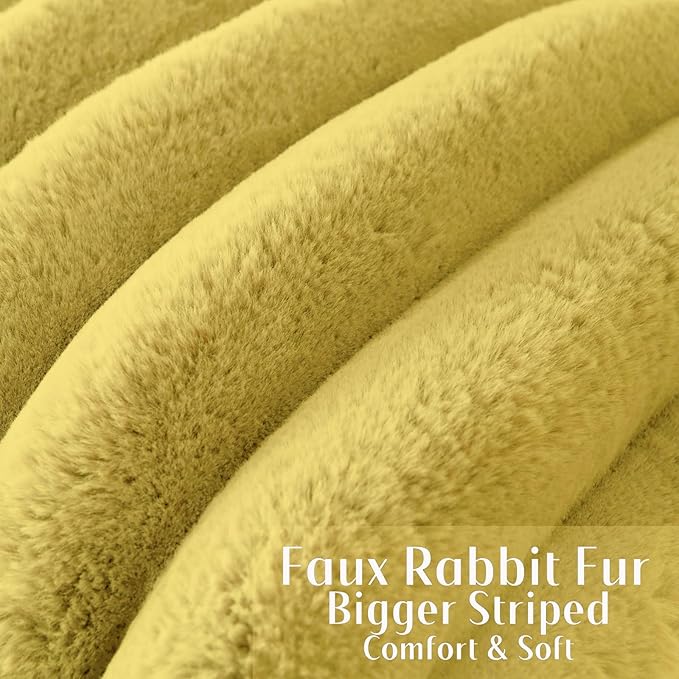 FUTEI Mustard Yellow Decorative Throw Pillow Covers 24x24 Inch Set of 2, Square Soft Faux Rabbit Fur Big Striped Cushion Cover,Home Decor for Couch Sofa Bed Living Room