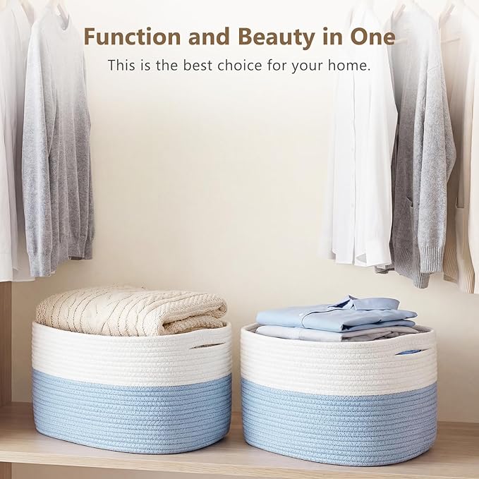 Cotton Rope Storage Basket, 15x10x9 Inches, Woven Basket for Shelves, Clothes, Towels, Books, and Laundry, White Blue (1 Pack)