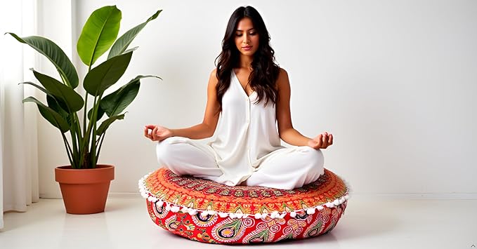 INDIAN CRAFT CASTLE ICC Mandala Barmeri Large Floor Pillow Cover Cushion Meditation Seating Ottoman Throw Cover Hippie Decorative Zipped Bohemian Pouf Ottoman Cases Red, 24" Round