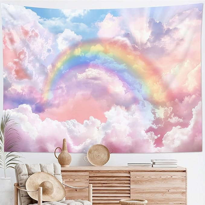 HVEST Rainbow Cloud Tapestry, Polyester Wall Art, Rainbow and Pink Cloud with Glow Sunshine in Pastel Sky, Aesthetic Nature Landscape, Bedroom Living Room Decor, 60x40 Inches
