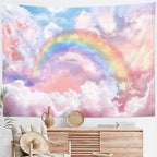 HVEST Rainbow Cloud Tapestry, Polyester Wall Art, Rainbow and Pink Cloud with Glow Sunshine in Pastel Sky, Aesthetic Nature Landscape, Bedroom Living Room Decor, 60x40 Inches