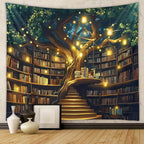 Jhdstore Tree of life Tapestry Wall Hanging Fantasy Library Tapestry for Bedroom Mysterious Tree Bookshelf Tapestries Room Decor 36"x48"