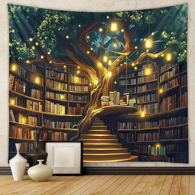 Jhdstore Tree of life Tapestry Wall Hanging Fantasy Library Tapestry for Bedroom Mysterious Tree Bookshelf Tapestries Room Decor 36"x48"