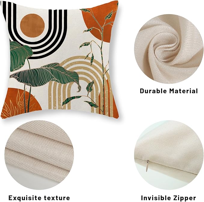 Boho Orange Pillow Covers 18x18 Set of 2 Green Gold Leaf Tropical Mid Century Throw Pillows Outdoor Bohemian Modern Decorative Pillowcase Farmhouse Linen Cushion Case for Couch Sofa Decor