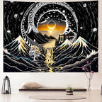 Amhokhui Black and White Tapestry Sun Mountain Tapestry Starry Night Aesthetic Tapestries Trippy River Landscape Tapestries Dark Wall Hanging Decor for Home