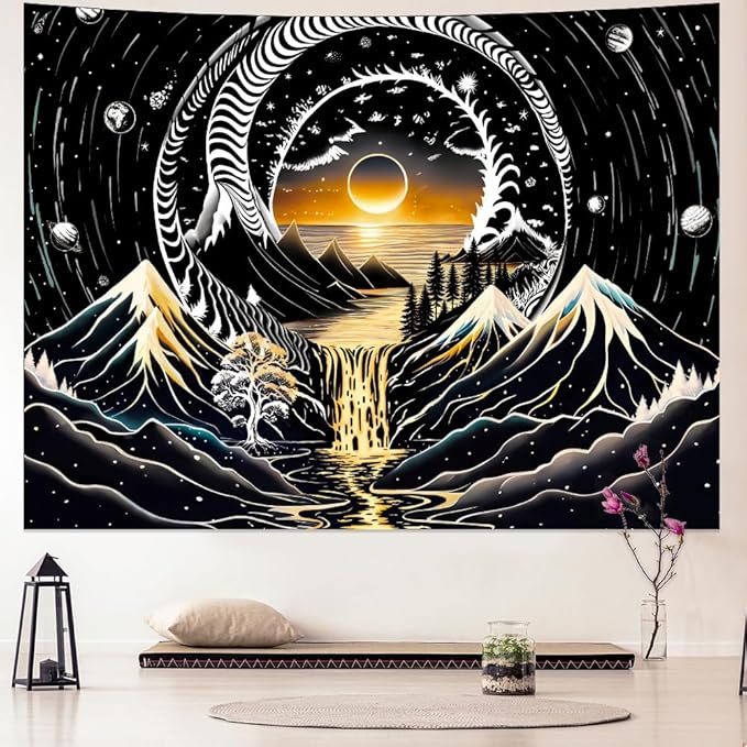 Amhokhui Black and White Tapestry Sun Mountain Tapestry Starry Night Aesthetic Tapestries Trippy River Landscape Tapestries Dark Wall Hanging Decor for Home
