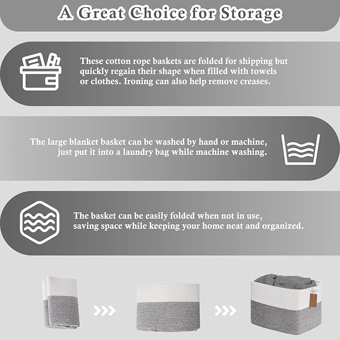 Goodpick Woven Storage Basket, Cotton Rope Baskets with Handles, Toy Baskets Storage Kids, Blanket Basket for Living Room, Bedroom, Gray and White, 18 x 14 x 12 Inches