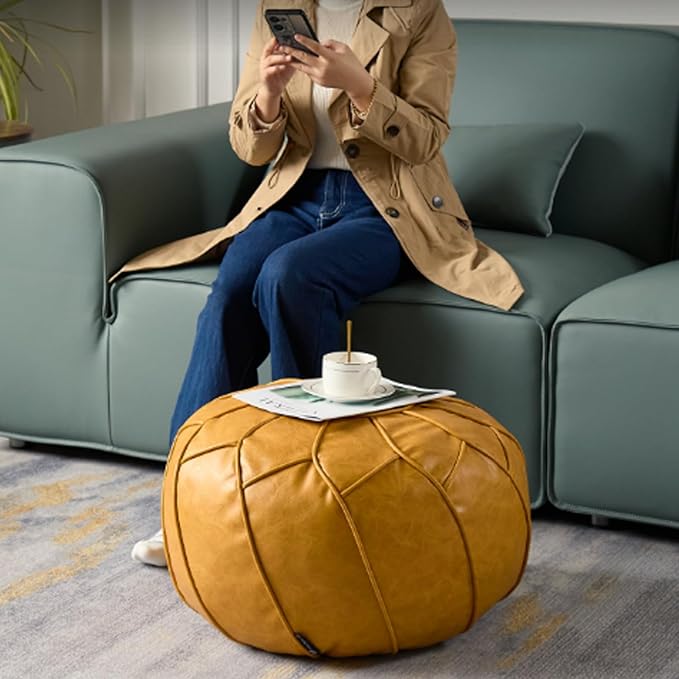 Louis Donné Moroccan Pouf Cover Unstuffed Waterproof Faux Leather Ottoman Foot Rest, Round Storage Bean Bag Chair for Stuffed Animals, Boho Floor Cushion for Living Room Patio, (Yellow)