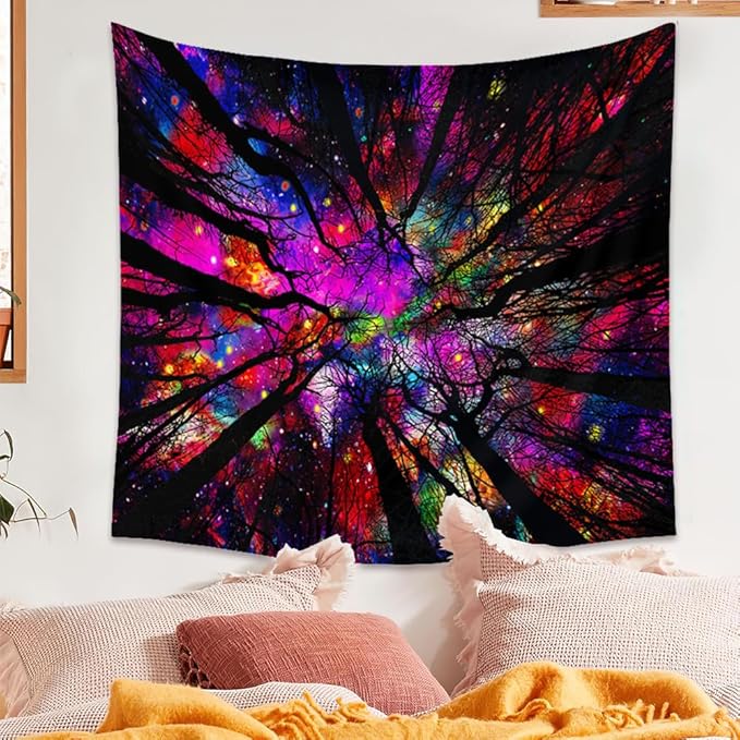 Blacklight Galaxy Forest Silhouette Tapestry for Bedroom Night Sky Ceiling Tapestry for Bedroom Decor Dark Forest Stars Tapestries Glow in the Dark Starry Night Tapestries UV Reactive Dorm Decor 36x48