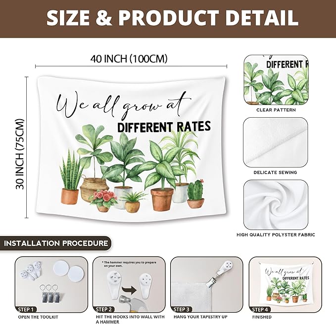 XLDLIOO Mental Health Plant Wall Tapestry, Inspirational Wall Tapestry Hanging for Classroom, We All Grow at Different Rates Tapestries Decor Art for Therapy Counselor Office 40x30in