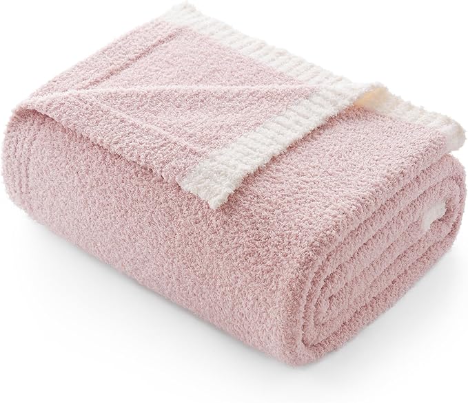 Snuggle Sac Pink Throw Blanket for Couch Bed Sofa 60x80 inches, Reversible Pink Blanket Microfiber Fluffy Fuzzy Cozy Knit Twin Blanket for Women Mothers Birthday Gifts