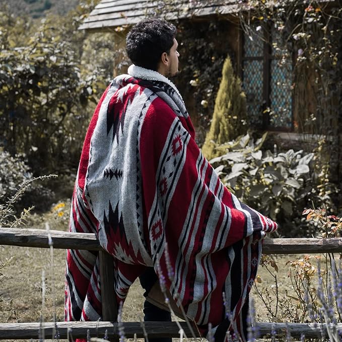 Aztec Patterned Throw Blanket with Soft Sherpa Lining, Traditional Southwestern Navajo Tribal Style Warm Throw for Camping, Outdoor, Light Weight Cozy Boho Blanket for Couch, Sofa, Bed, 60”x80”, Red