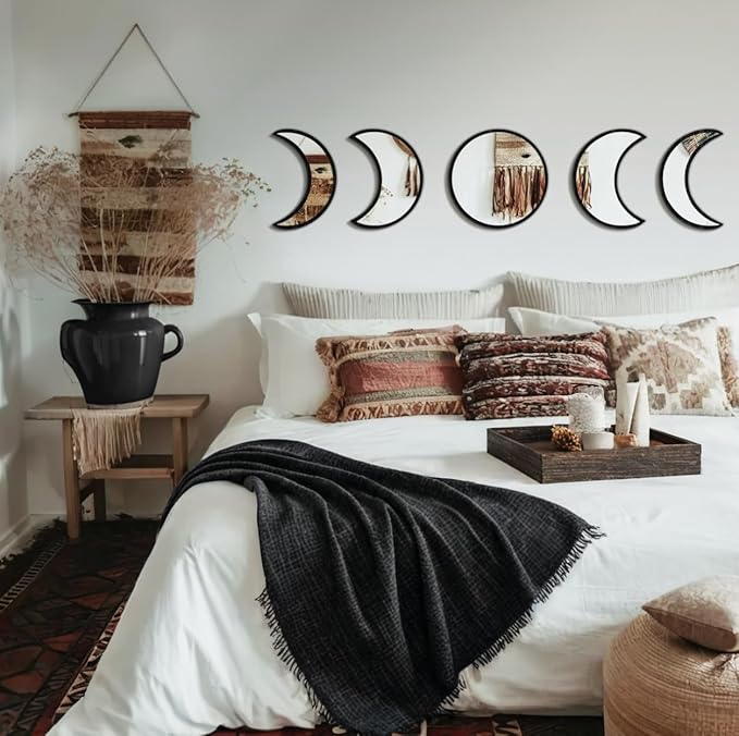 5-Piece Black Acrylic Moon Phase Wall Mirror Set - Shatterproof Safety Design, Easy Stick-On Installation, Boho Celestial Decor for Bedroom Living Room