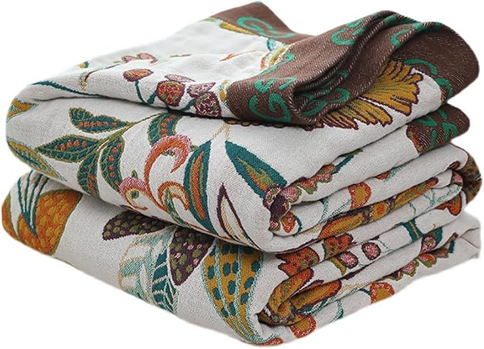 Boho Rustic Throw Blanket,100% Cotton Soft Vintage Bed Throw Blankets Floral Farmhouse Decor Throws,Reversible Throw for Sofa Couch, 60"×80" for All Seasons -White