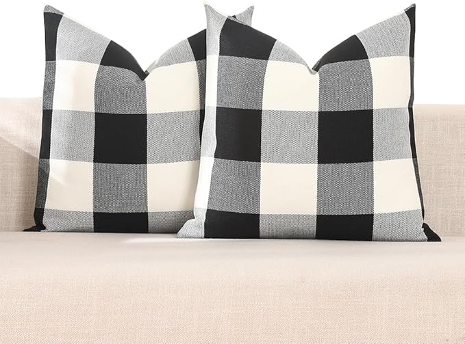 CARRIE HOME Black and White Outdoor Throw Pillow Covers 16x16 Set of 2 Black Buffalo Plaid Pillows Decorative Linen Boho Pillow Cover, Farmhouse Decor for Couch, Patio and Sofa