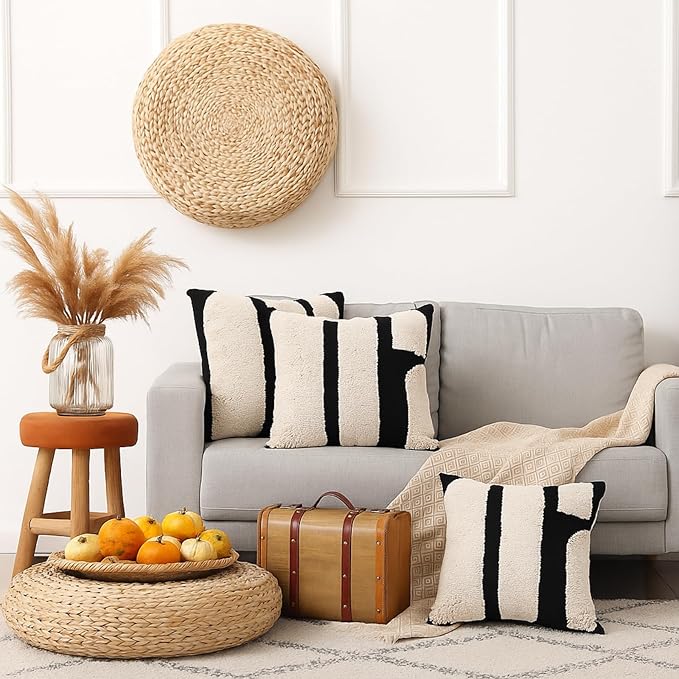Oudain 2 Pcs Black and White Tufted Pillow Covers Boho Chunky Geometric Decorative Throw Pillow Case 18 x 18 Inches Abstract Pillowcases for Bed Couch(Black and White, Elegant Style)
