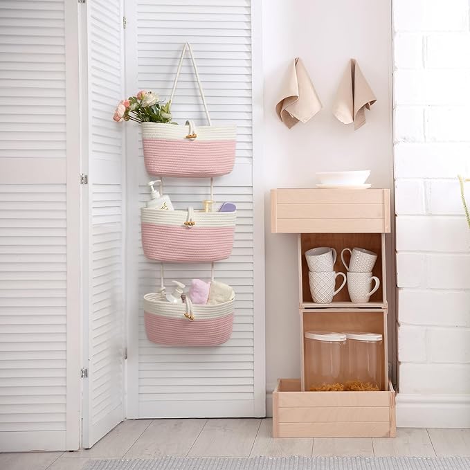 TeoKJ Over The Door Hanging Baskets with Button Strap, 3-Tier Woven Cotton Storage Organizer Bag, Wall-Mounted with Hook Decorative Hanging Nursery Baskets - Pink+White