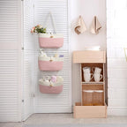 TeoKJ Over The Door Hanging Baskets with Button Strap, 3-Tier Woven Cotton Storage Organizer Bag, Wall-Mounted with Hook Decorative Hanging Nursery Baskets - Pink+White