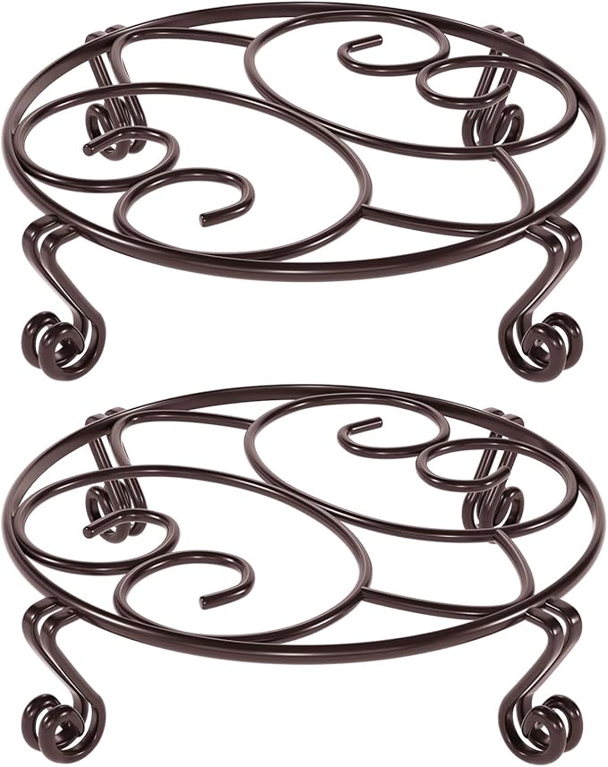 Yimobra 2 Pack Plant Stand for Flower Pot Heavy Duty Potted Holder Indoor Outdoor Metal Rustproof Iron Garden Container Round Supports Rack for Planter Bronze, Brown,10.2 Inches
