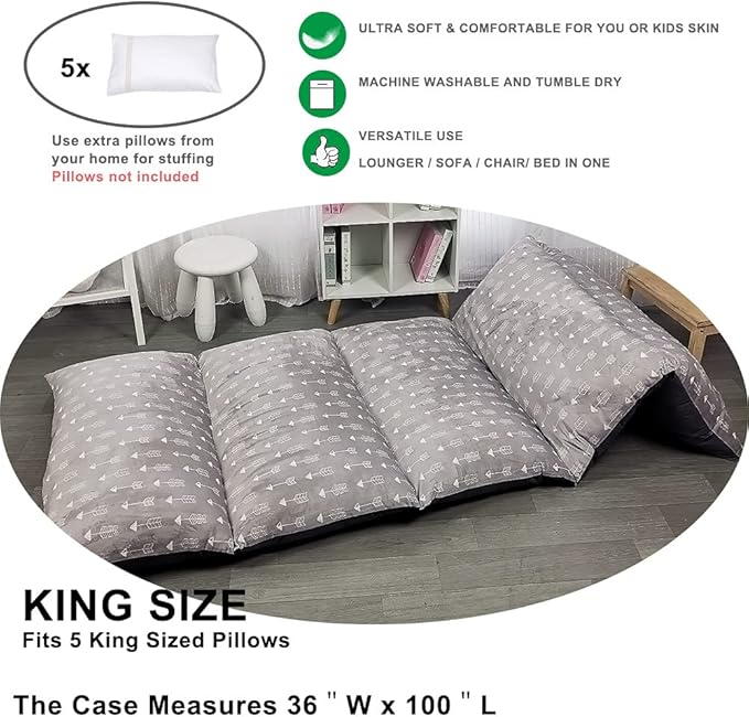 ICOPUCA Floor Lounger Pillow casing for boy Girl, Soft Minky Plush, Cover/Sleeve/Casing ONLY! Perfect Reading and Watching TV Cushion - Excellent for Sleepovers, King Size;