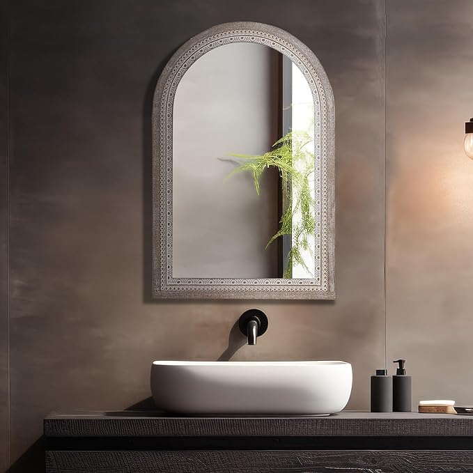 36x24 Inch Farmhouse Wooden Arched Wall Mirror, Distressed Rustic Frame with Beaded Boho Detail, Arch Decorative Mirror for Bathroom, Living Room, Entryway
