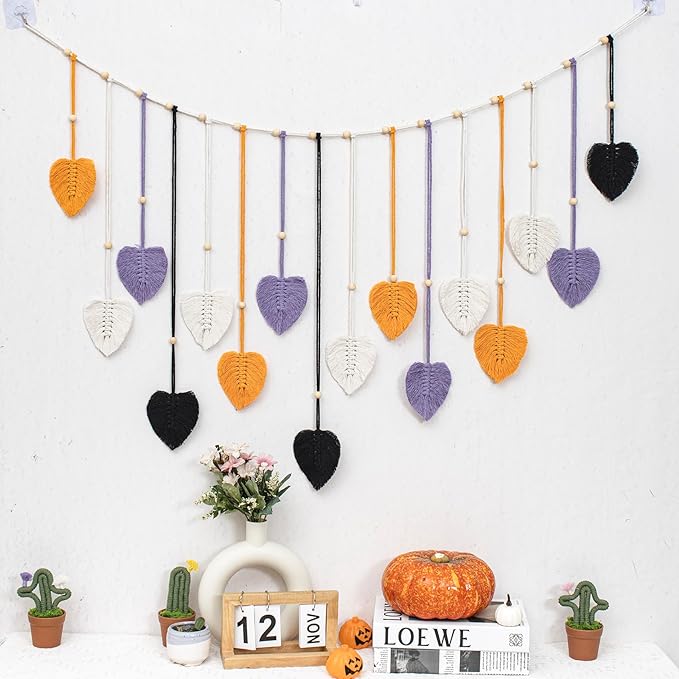 EOBTAIN Macrame Leaf Wall Hanging Large,Boho Purple Orange and Black Leaves Woven Tapestry Halloween Home Decor,Handmade Yarn Tassels Textile Feather Wall Art Decor for Living Room Bedroom