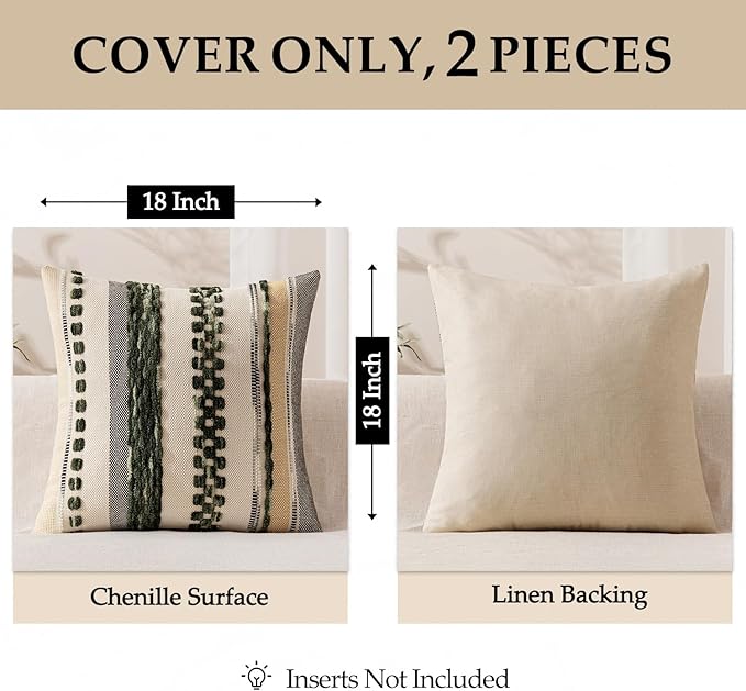 ANRODUO Pack of 2 Boho Decorative Throw Pillow Covers 20x20 Farmhouse Cushion Case Striped Chenille Pillow Cases Square Pillow Covers Accent Neutral Pillowcase for Sofa Couch Bed, Dark Green Stripe