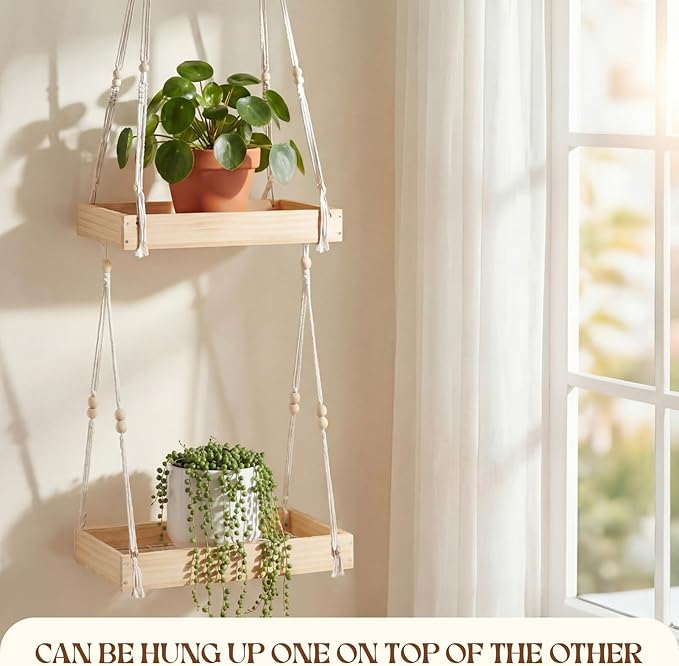 Novabright 1 Pcs Window Hanging Plant Shelf with Macrame Adjustable Rope, 16" Large Wooden Plant Hanger Indoor with Metal Frame, Load 50lb, Suit for Window Ceiling Wall Mount Boho Decor