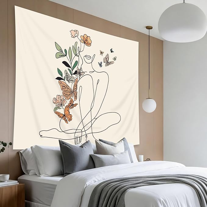 SVBright Abstract Woman Butterfly Fabric Wall Hanging Tapestry 59Wx51H Inch Mid Century Modern Minimalist Flower Plant Beige Terracotta Aesthetic Portrait Home Decor Art for Living Room Bedroom Dorm