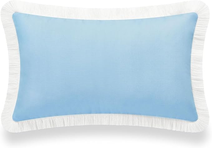 Hofdeco Premium Coastal Hampton Style Patio Indoor Outdoor Lumbar Pillow Cover Only, 12"x20" Water Resistant for Backyard, Couch, Solid Baby Blue White Fringe