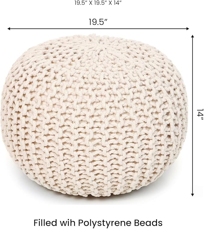 · REDEARTH · Round Pouf Ottoman - Cable Knitted Boho Poof - Home Décor Cord Pouffe Handmade Circular Footrest for Living Room - Bedroom - Kids Bedroom - 100% Cotton Pouf (19.5"x19.5"x14") - Natural