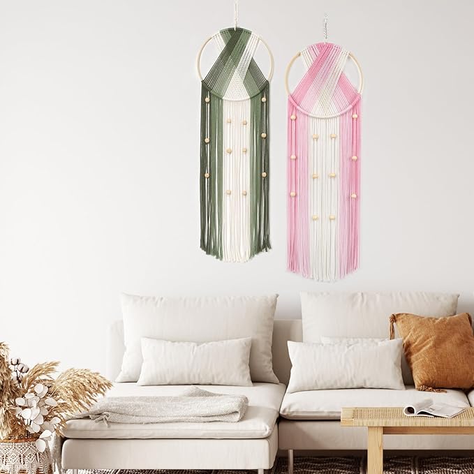 LB 2Pc Boho Macrame Wall Hanging Modern Aesthetic Wall Decor Pink and Green Hand Woven Cotton Macrame Wall Art with Wood beads Boho Tapestry for Home, Bedroom, Living Room