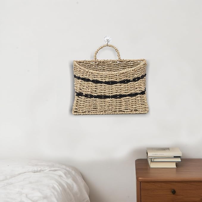 Handmade Seagrass Woven Hanging Basket with Black Cotton Rope - 11.81 x 4.33 x 7.87 Inches - Ideal for Wall Decor & Storage (Half-moon opening)