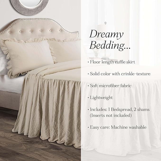 Lush Decor Ruffle Skirt Bedspread Set - 3-Piece Luxurious Farmhouse Bedding - Elegant Ruffle Detail - Timeless Style - Soft Lightweight Sheets - King, Neutral