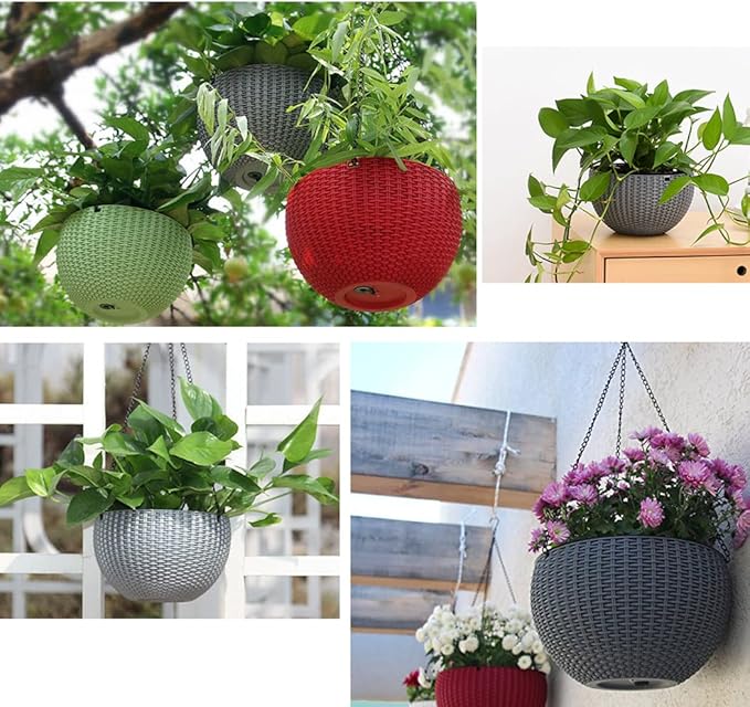 Hanging Basket Plastic Flower Pot Round Resin Garden Hanging Planter for Indoor Outdoor Plants 2 Pack Grey