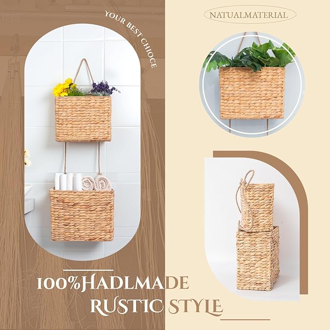 YAHUAN Woven Water Hyacinth Hanging Basket 2-Tiered Rectangular Storage Baskets Over the Door Organizer Hanging Organizer Hanging Wall Basket for Home,Kitchen,Garden, Office (Rectangular)