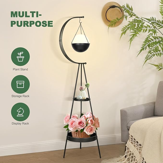 Airogym Plant Stand, Metal Plant Holder Indoor Outdoor, Modern Iron Flower Pots Rack, Multifunctional Planter Display Shelf with Hanging Planters for Garden Patio Room, Corner Balcony Decor (Black -2 Tier)