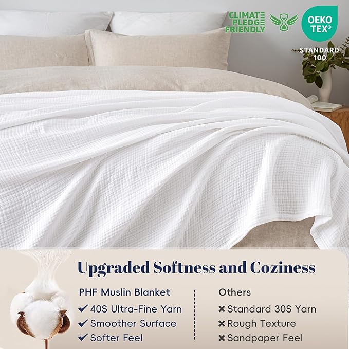 PHF 100% Cotton Muslin Blanket Queen Size 90"x90", 4-Layer Lightweight Gauze Throw, Breathable Cloud-Soft Minimalist Blanket for Bed, Couch, Camping & Baby, White, Ideal Gift